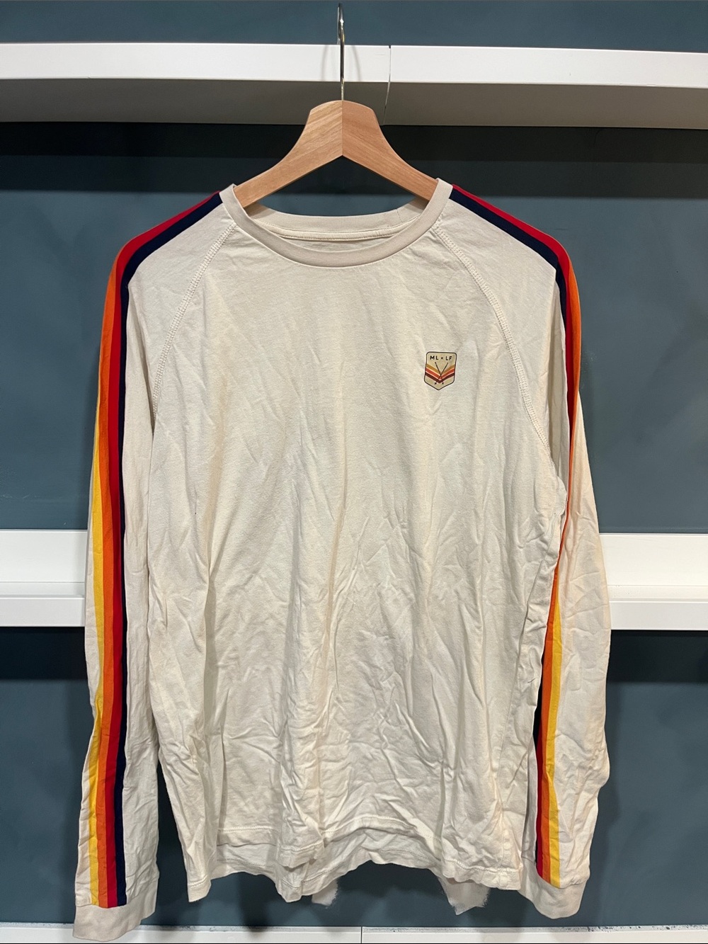 Marine Layer Cream Long-Sleeve Tee with Rainbow Stripe Sleeves